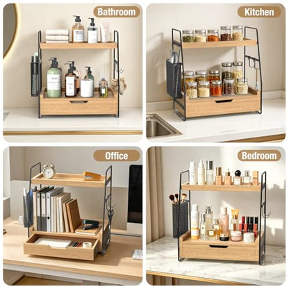 2-Tier Bathroom Counter Organizer with Drawer and Removable Basket, Wood Vanity Countertop Storage for Perfume, Makeup, Skincare, Bathroom Counter Shelf, 13" x 7.9" x 14.5", Light Brown - color: Light Brown