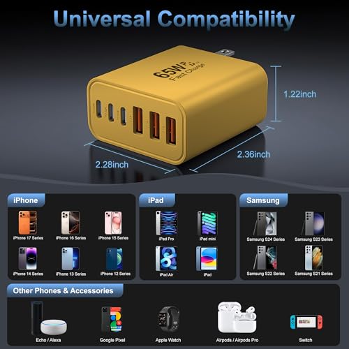 65W USB C Charger Block,6-Port Multi Device Fast Charger PD QC Wall Adapter | GaN technology saves space and reduces heat,ideal for home,office,travel,wide compatibility for iphone & USBC devices（Yellow - color: Yellow