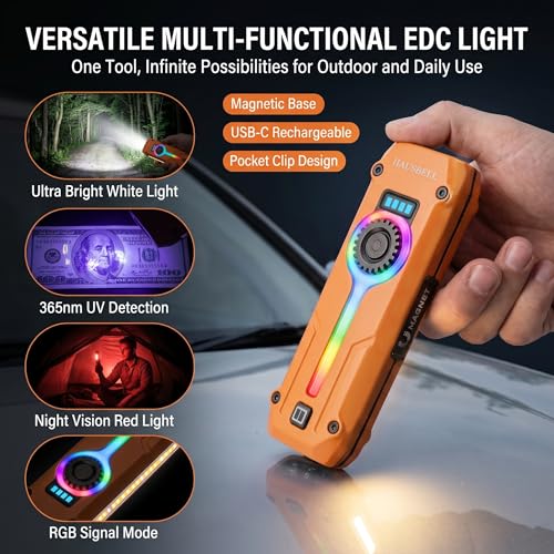 HAUSBELL Flat EDC Flashlight,1800 Lumen UV Magnetic Rechargeable Pocket | Stepless Dimming Dial,Stainless Steel Body,RGB+UV,USB-C Fast Charge,Magnetic Base,Waterproof, for Work,Camping & Emergency - color: Orange