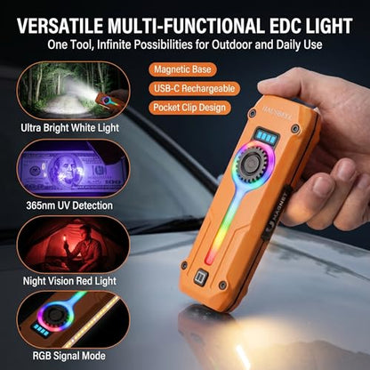 HAUSBELL Flat EDC Flashlight,1800 Lumen UV Magnetic Rechargeable Pocket | Stepless Dimming Dial,Stainless Steel Body,RGB+UV,USB-C Fast Charge,Magnetic Base,Waterproof, for Work,Camping & Emergency - color: Orange