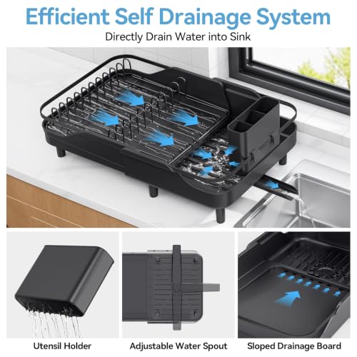 Urackify Expandable Dish Rack for Kitchen Counter,16.14"-23.62" Large Dish Drying Rack with Adjustable Water Spout, Space Saving Dish Drainer with Auto Draining Cutlery Holder, Matte Black - color: Matte Black