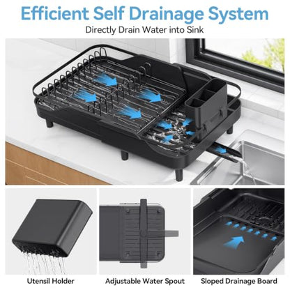 Urackify Expandable Dish Rack for Kitchen Counter,16.14"-23.62" Large Dish Drying Rack with Adjustable Water Spout, Space Saving Dish Drainer with Auto Draining Cutlery Holder, Matte Black - color: Matte Black