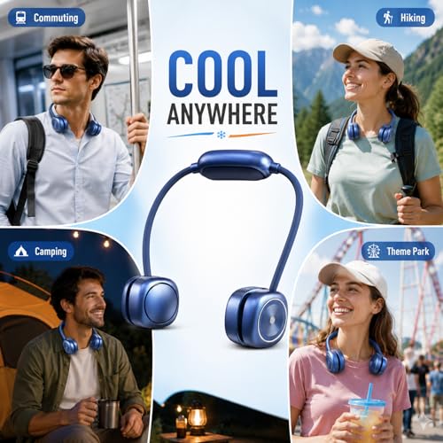 Foldable Neck Fan, Portable Neck Fan Rechargeable, Bladeless Quiet 360° Adjustable Personal Fan, 3 Speeds Hands Free Wearable Fan for Travel, Walking, Camping, Office, Navy Blue - color: F08