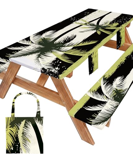 Picnic Table Cover with Bench Covers Tablecloth Glamping Essentials Gear Table Cloth Outdoor Summer Motorhome Cool Fun Unique Ideas Gifts for Camper Camping Lovers RV Owner Family Couple Men Male Dad - color: Black Green Coconut Trees, size: 72in