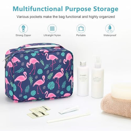 Mossio Hanging Toiletry Bag with Sturdy Hook - Large Portable Cosmetic Makeup Travel Organizer for Men & Women - color: Navy Flamingo