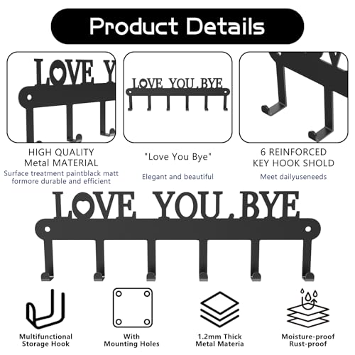 Key Holder for Wall - 'Love You Bye' Key Hooks,Key Holder Wall Mount Self Adhesive, Key Rack Wall Mount for Wall No Drill for Living Room, Kitchen, Bathroom, Garage (Black, 6 Hooks) - color: Love You Bye' Black