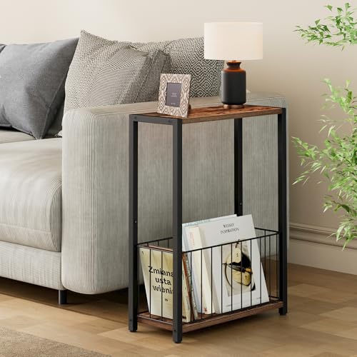 Homleke Narrow Side Tables Set of 2 with Magazine Holder, Skinny End Tables Perfect for Small Spaces, Space-Saving Design for Living Room, Bedroom, or Office, 7.1" D x 16.9" W x 23.6" H, Rustic Brown - color: Rustic Brown - Standard