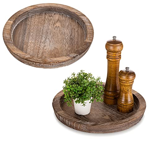 Hanobe Rustic Wooden Serving Tray: Set of 2 Round Wood Butler Decorative Tray Vintage Centerpiece Candle Holder Trays Farmhouse Ottoman Tray for Kitchen Countertop Home Decor for Coffee Table - color: Brown-2pc