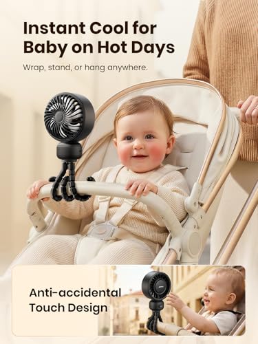 Warmco Portable Stroller Fan, 4000mAh Rechargeable Clip On Fan with Flexible Tripod (Up to 15H), 4 Speeds, LED Display, Detachable Grille, Quiet Operation, for Car Seat, Crib & Treadmill - color: Black