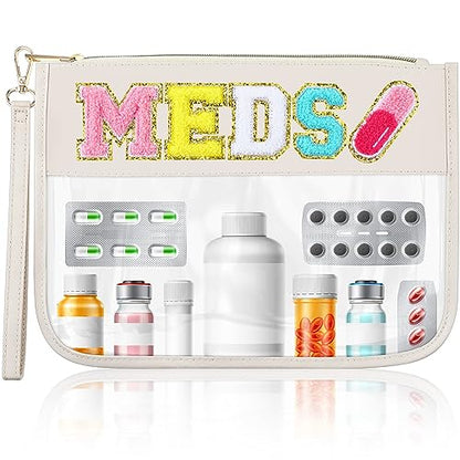 Silkfly Chenille Letter Medicine Meds Medical Bag Makeup First Aid Bag for Travel Preppy PVC Nylon Emergency Patch Cosmetic Toiletry Storage Pouch Waterproof with Handle Zipper for Women(Pretty) - style: Pretty
