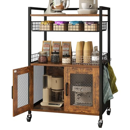 Hencawima Coffee Bar Cabinet, 3 Tier Coffee Station Table on Wheels, 35.9" H Bar Cart with Wire Basket Drawer & 5 Hooks for Home Kitchen, Liquor Buffet Sideboard Cabinet (Rustic Brown) - size: X-Large