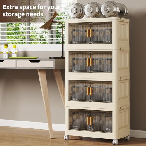 4 Tier Stackable Plastic Storage Bins with Lids 48QT, Collapsible Closet Organizers and Storage with Wheels for Living Room,Office,Dorm - size: 48Qt-4pack