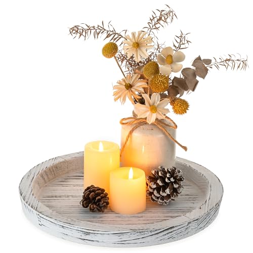 Hanobe Wooden Tray for Coffee Table: Candle Holder Plate Round Decorative Serving Tray - Vintage Table Centerpiece Rustic Farmhouse Home Decor - color: Rustic White