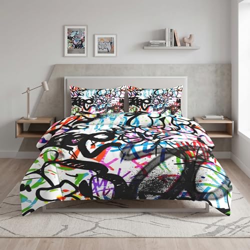 WeCozy Queen Size Comforter Set with 2 Pillowcases, Abstract Graffiti 3 Pcs Bedding for Kids and Adults, Urban Modern Fashion Soft Comforter Set for Bedroom Bed Decor - color: Graffiti, size: Queen