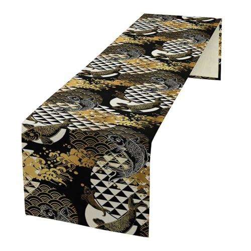 Japanese Table Runner Asian Oriental Crane Koi Cherry Blossom Floral Decor for Indoor Outdoor Party Dinner Festival Farmhouse Holiday Dining Room Home Kitchen Restaurant, 13x36in - color: Koi-black, size: 13x36in