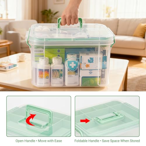 15QT Clear Medicine Storage Box with Comfort Handle and Compartments, Medicine Box Organizer Storage for Safe and Tidy Medication, First Aid, and Personal Care Item Organization