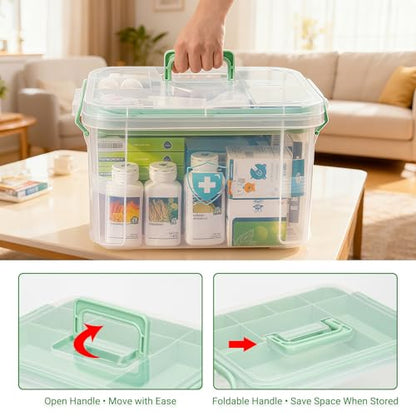 15QT Clear Medicine Storage Box with Comfort Handle and Compartments, Medicine Box Organizer Storage for Safe and Tidy Medication, First Aid, and Personal Care Item Organization