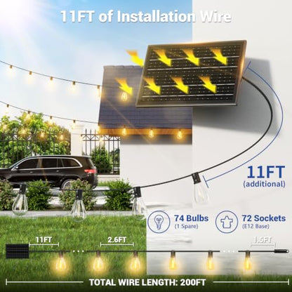 200FT Solar String Lights Outdoor Waterproof, 72+2 LED Solar Powered Lights with Remote Control, 3 Light Modes & Dimmable, USB-C Charging for Patio, Backyard, Garden, Camping - size: 200FT+Remote