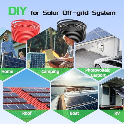 Bateria Power 2x50 Feet 8AWG (10mm²) Solar Panel Wire, Tinned Copper Solar Panel Extension Cable PV Wiring for Photovoltaic Solar System, Automotive RVs, Marine (50FT Red + 50FT Black) - color: Black+Red, size: 50Ft 8AWG