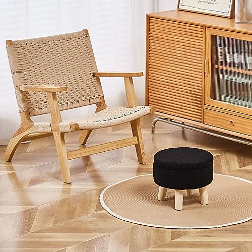 Wimarsbon Storage Ottoman, Modern Round Footrest with Soft Padded Seat, Teddy Velvet Footstool with Wood Legs, Accent Small Table or Plant Stand for Hallway, Living Room (Black) - color: Black