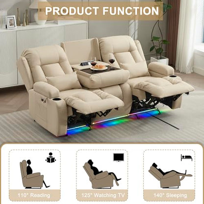 URRED Power Loveseat Recliner Sofa with Massage and Heat, Wall Hugger Reclining Loveseat with Console, RV Couch Home Theater Seating with LED Lights for Living Room (Beige, 76.8" - 3 Seats) - color: Beige, size: 76.8" - 3 Seats
