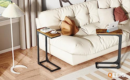 QEEIG Narrow C Shaped Side Table Set of 2 Living Room Sets Slim Couch Tray Tables Skinny Thin Small Farmhouse 7 inch Width, Rustic Brown (017-18BN) - color: A. Brown, size: 7.1" Width