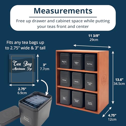 AllSpice Tea Organizer Rack with 9 Tins & 160 Magnetic Labels – Perfect for Bagged & Loose Leaf Tea Organization - Cherry - color: Cherry Stain
