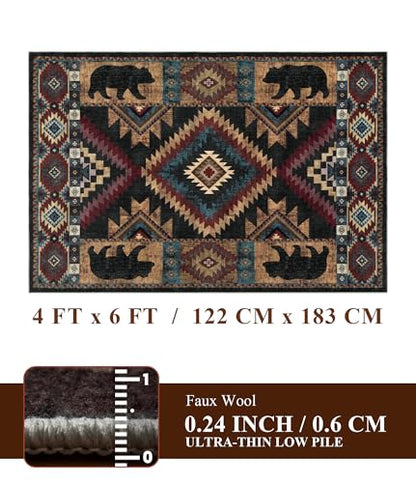 YIHOUSE Rustic Cabin Area Rug 4x6,Machine Washable Lodge Bear Rug,Non-Slip Low Pile Print Pattern Western Aztec Rug for Living Room Bedroom - color: Bear, size: 4'x6' (Rectangular)