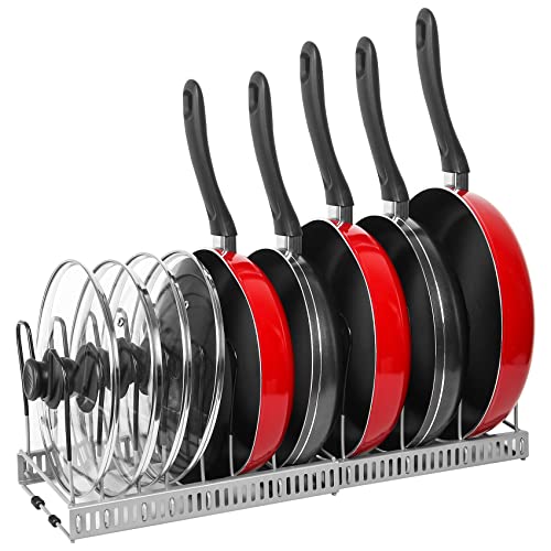 ROOHUA Pot Rack Organizer -Expandable Pot and Pan Organizer for Cabinet,Pot Lid Organizer Holder with 10 Adjustable Compartment for Kitchen Cabinet Cookware Baking Frying Rack Grey - color: Grey
