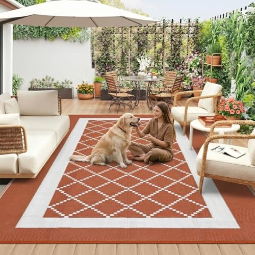 Garvee Patio Rugs Outdoor 9x12 Plastic Straw Rug Modern Trellis Reversible Camping Carpet, Waterproof Outdoor Mat with 4 Stakes and Storage Bag for RV, Picnic, Backyard, Deck, Balcony, Porch, Beach - color: Geometric|terracotta, size: 9' x 12' (Rectangula