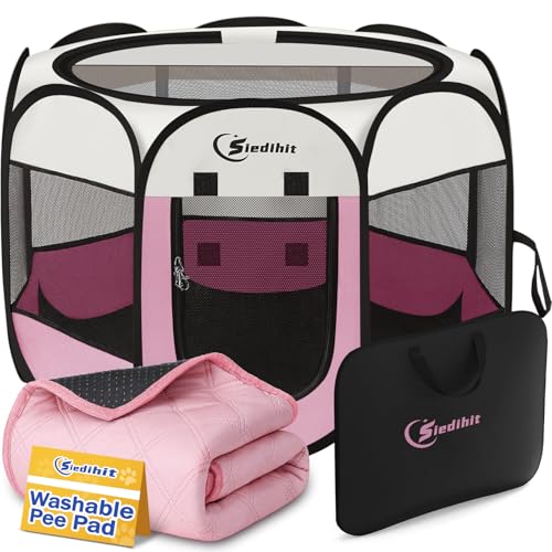 Siedihit Dog Cat Playpen, Puppy Pet Playpen Indoor for Dog Crate Tent Cage Outdoor, Portable Pop Up Dogs Enclosure Kennel with Carrying Case for Dogs/Cats/Rabbits (Pink with Pad, Medium) - color: Pink with Pad