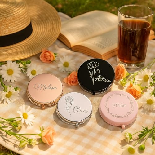 Personalized Compact Mirror for Women, Custom Laser Engraved Pocket Mirror, 1X/2X Magnifying Travel Makeup Mirror for Purse–Gift for Bridesmaid, Wedding, Birthday, Mom, Friend, Sister, Wife, Valentine