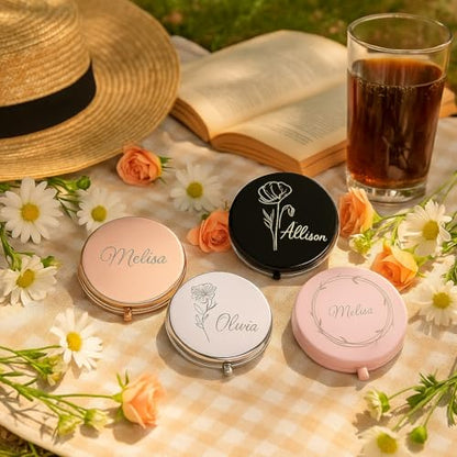Personalized Compact Mirror for Women, Custom Laser Engraved Pocket Mirror, 1X/2X Magnifying Travel Makeup Mirror for Purse–Gift for Bridesmaid, Wedding, Birthday, Mom, Friend, Sister, Wife, Valentine