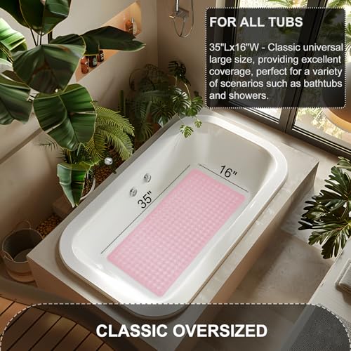 TEESHLY Bath Mat for Tub & Shower, Non Slip Soft Bathmat with Suction Cups & Drain Holes, Machine Washable Bathtub Floor Liner Mats for Bathroom, 35x16 Inch, Clear Pink - color: Pink (Translucent)
