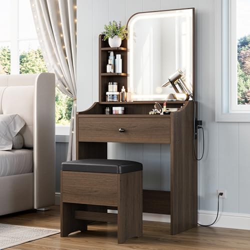 LIKIMIO Small Makeup Vanity Desk with Mirror and Lights, Vanity Table Set with Storage Drawer, Chair and Three Shelves, Bedroom, Walnut - color: Walnut