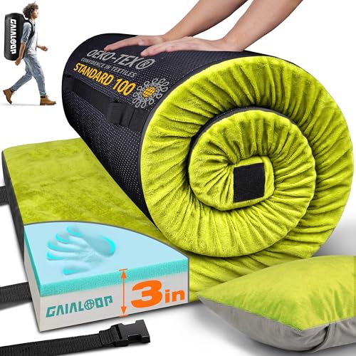 GAIALOOP 3 Inch Memory Foam Camping Mattress, Dual Layer Thick Sleeping Camp Pad for Car Tent Cot, Roll-Up Portable Glamping Floor Bed for Guests Sleepover - color: Avocado Green