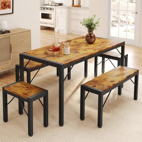Gizoon 63" Dining Room Table Set for 6, Kitchen Table with 2 Benches and 2 Stools, Dining Table Set with Metal Frame, Space-Saving Kitchen Table Set for Apartment, Retro - color: Retro, size: seat for 6