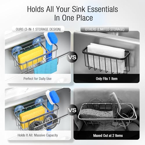 3-in-1 Kitchen Sink Caddy Organizer with Sponge Holder, Brush Holder, Extra Rack for Scrubber, Sink Stopper, Dish Cloth Hanger - Strong Dual Suction Cup, 2.0mm SUS304 Stainless Steel - Silver - color: Silver