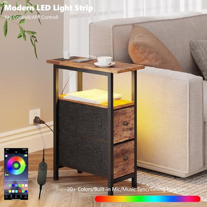 TRIFEBLE End Table with Charging Station, Narrow Side Table with 2 Fabric Drawers, Skinny Nightstand with LED Light, Slim Bedside Table for Bedroom, Living Room, Small Spaces, Rustic Brown - color: Rustic Brown