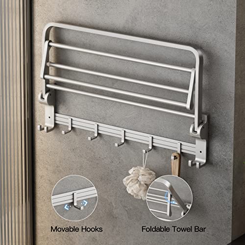 VOLPONE 24 Inch Towel Rack with Towel Bar Holder Foldable Towel Shelf with Movable Hooks Rustproof Towel Storage Wall Mount for Bathroom Lavatory Silver - color: Silver