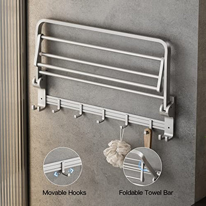 VOLPONE 24 Inch Towel Rack with Towel Bar Holder Foldable Towel Shelf with Movable Hooks Rustproof Towel Storage Wall Mount for Bathroom Lavatory Silver - color: Silver