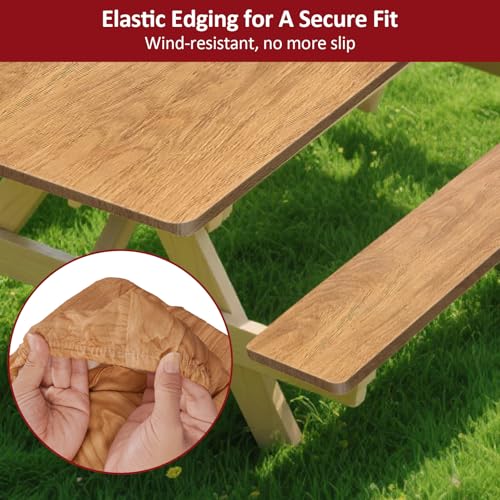 8ft Picnic Table and Bench Cover, Camping Essentials RV Gear, 96 in Waterproof Windproof Outdoor Elastic All Around Tablecloth, Fitted Rectangle Tables and Seats, Wood Grain - color: Wood Grain, size: 96"