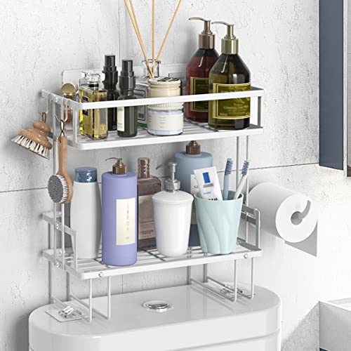 FLOLXNB Over The Toilet Storage Shelf, 2-Tier Bathroom Storage Organizer Upgrade Punch-Free Toliet Storage Shelf, Home Storage Rack with Hooks Shelf,White - color: White, size: 2-Tier
