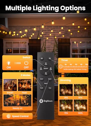 Brightown 108FT 52LED Solar String Lights Outdoor with Remote & USB Port, Shatterproof Bulbs, Dimmable & Timable, 3 Modes, Patio Lights Solar Powered with Mount Clips for Camping Backyard Garden Decor - size: 108FT