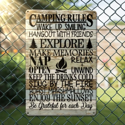 Cool Camping Gifts for Men Camper Camping Rules Metal Tin Sign Rustic Camping Wall Signs for Home Farmhouse Farm Ranch RV Garage Men Cave Decor Camper Gifts 7 x 10.5 Inch - color: Generic5
