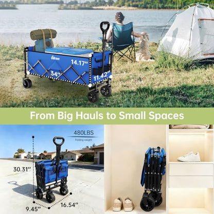 Extra Long Collapsible Wagon Cart, 480LBS Heavy Duty Utility Wagons with All-Terrain Wheels, Foldable Grocery Carts for Gardening, Shopping, Beach, Camping, Royal Blue - color: Royal Blue