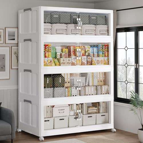 160GAL/640QT Plastic Storage Bins with Lids & Wheels, Collapsible Stackable Storage Boxes, Large Folding Cabinet Organizers for Closet Home Kitchen Office, 4Pack White - color: White, size: 40Gal-4Pack