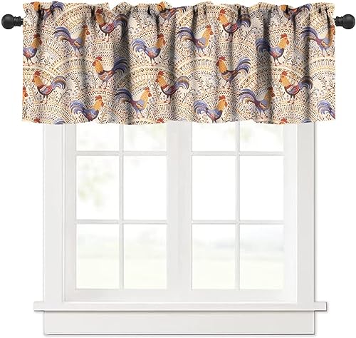 Cute Roosters Window Valance, Boho Rustic Cock On Vintage Beige Floral Background Print Rod Pocket Valance Curtain for Home Kitchen Living Room Bedroom, 54x18in - color: Farmhouse Animal-15