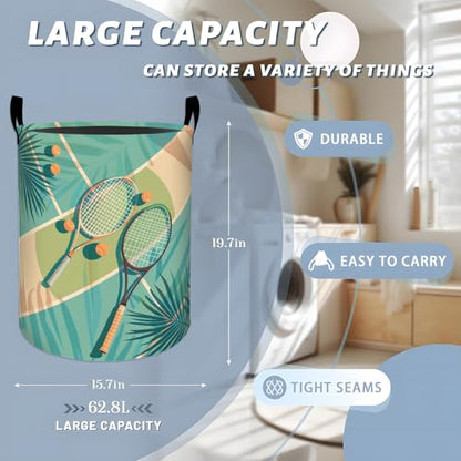 Tropical Tennis Rackets and Balls Laundry Basket with Handles, 19.7"x15.7" Clothes Foldable Laundry Hamper Organizer for Dorm Nursery Bedroom Bathroom Decor, Toy Storage Bin for Kids - style: Tennis Racket67