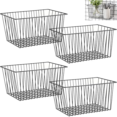 4pcs Hanging Wire Basket Set with S Hooks, 10.8''x7.8''x5.6'' Grid Panel gridwall Storage Baskets for Kitchen, Home Decor, Potted Plants Display, Black Metal Gridwall Accessories